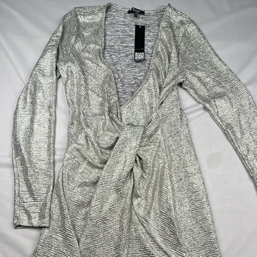 Trixxi Metallic Silver Bodycon V-Neck Long Sleeve Short Dress L